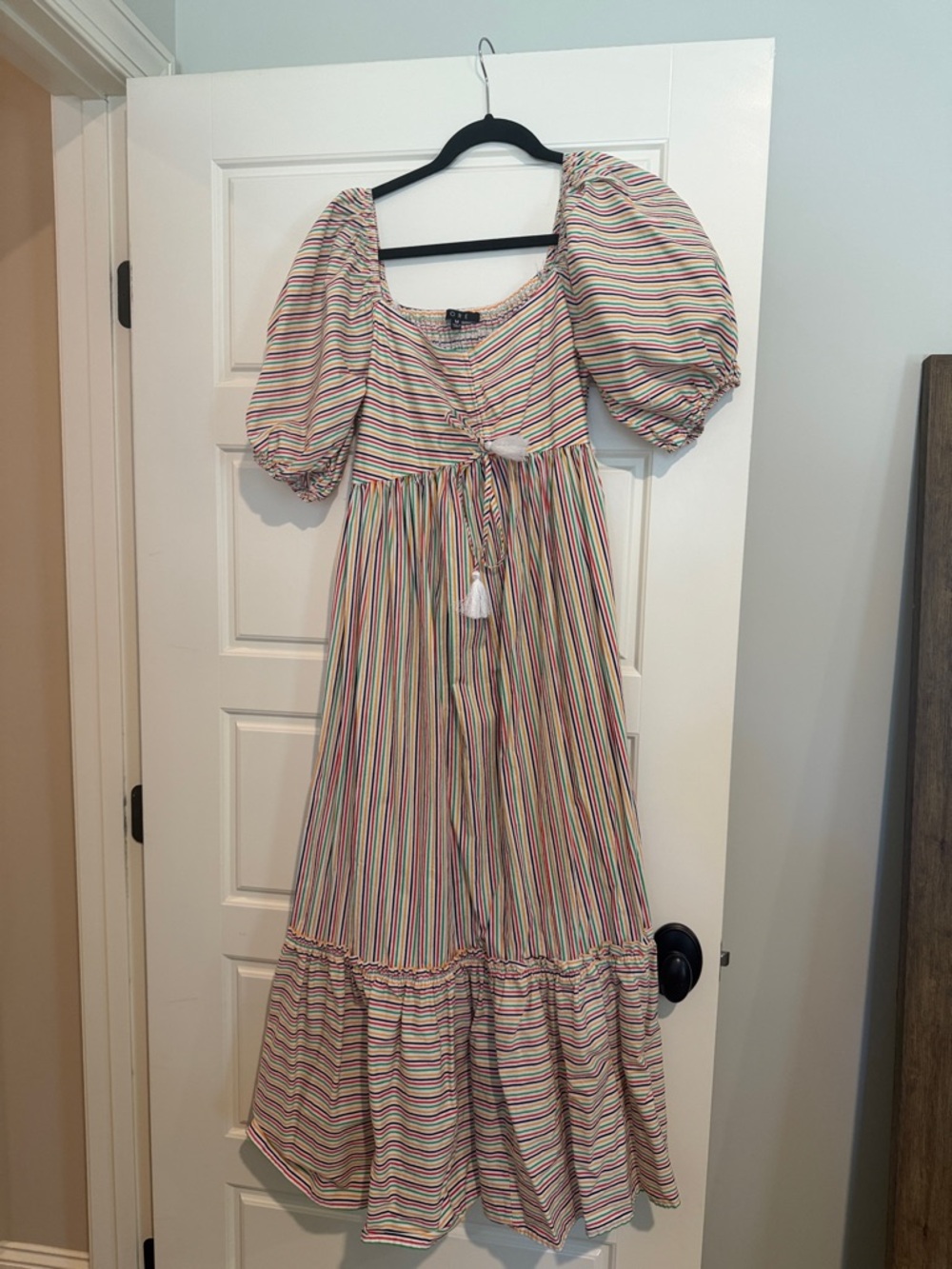 Striped Puff-Sleeve Maxi Dress with Tassel Tie - Multicolor